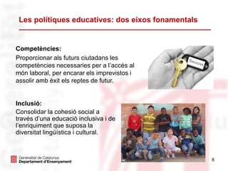 8
Les polítiques educatives: dos eixos fonamentals
Competències:
Proporcionar als futurs ciutadans les
competències necessaries per a l’accés al
món laboral, per encarar els imprevistos i
assolir amb èxit els reptes de futur.
Inclusió:
Consolidar la cohesió social a
través d’una educació inclusiva i de
l’enriquiment que suposa la
diversitat lingüística i cultural.
 