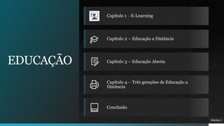 EDUCAÇÃO
Capítulo 1 - E-Learning
Capítulo 2 – Educação a Distância
Capítulo 3 – Educação Aberta
Capítulo 4 – Três gerações de Educação a
Distância
Conclusão
PÁGINA 2
 