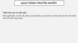 QUÁ TRÌNH TRUY N NHI M
Ề Ễ
Kh i c m th và mi n d ch
ố ả ụ ễ ị
• M i ng i đ u có th m c b nh, m t s b nh sau khi kh i có mi n d ch lâu b n nh b nh
ọ ườ ề ể ắ ệ ộ ố ệ ỏ ễ ị ề ư ệ
than, l m m long móng.
ở ồ
 