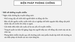 BI N PHÁP PHÒNG CH NG
Ệ Ố
Đ i v i đ ng truy n nhi m
ố ớ ườ ề ễ
Ngăn ch n đ ng lây truy n b ng cách:
ặ ườ ề ằ
• Kh trùng, t y u ch t th i ng i b nh và đ ng v t m.
ử ẩ ế ấ ả ườ ệ ộ ậ ố
• B o v t t ngu n n c, n c th i c a xí nghi p ch bi n nguyên li u đ ng v t ph i
ả ệ ố ồ ướ ướ ả ủ ệ ế ế ệ ộ ậ ả
đ c t y u tr c khi ch y ra ngoài.
ượ ẩ ế ướ ả
• C i thi n đi u ki n s n xu t, x lý các y u t truy n nhi m.
ả ệ ề ệ ả ấ ử ế ố ề ễ
• Trang b qu n áo b o h (găng, ng) cho ng i ti p xúc v i đ ng v t, tránh xây xát da
ị ầ ả ộ ủ ườ ế ớ ộ ậ
chân tay.
• Phòng b nh nhi m khu n qua v t th ng (u n ván): ph u thu t k p th i v t th ng và
ệ ễ ẩ ế ươ ố ẫ ậ ị ờ ế ươ
các bi n pháp vô khu n t i các tr m băng bó.
ệ ẩ ạ ạ
 
