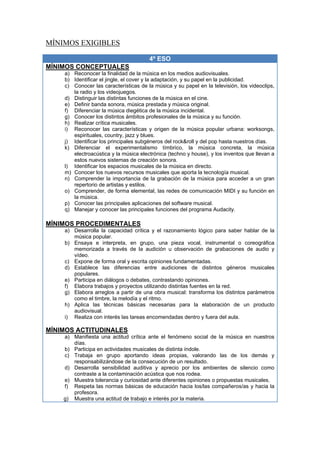 MÍNIMOS EXIGIBLES

                                       4º ESO
MÍNIMOS CONCEPTUALES
    a) Reconocer la finalidad de la música en los medios audiovisuales.
    b) Identificar el jingle, el cover y la adaptación, y su papel en la publicidad.
    c) Conocer las características de la música y su papel en la televisión, los videoclips,
       la radio y los videojuegos.
    d) Distinguir las distintas funciones de la música en el cine.
    e) Definir banda sonora, música prestada y música original.
    f) Diferenciar la música diegética de la música incidental.
    g) Conocer los distintos ámbitos profesionales de la música y su función.
    h) Realizar crítica musicales.
    i) Reconocer las características y origen de la música popular urbana: worksongs,
       espirituales, country, jazz y blues.
    j) Identificar los principales subgéneros del rock&roll y del pop hasta nuestros días.
    k) Diferenciar el experimentalismo tímbrico, la música concreta, la música
       electroacústica y la música electrónica (techno y house), y los inventos que llevan a
       estos nuevos sistemas de creación sonora.
    l) Identificar los espacios musicales de la música en directo.
    m) Conocer los nuevos recursos musicales que aporta la tecnología musical.
    n) Comprender la importancia de la grabación de la música para acceder a un gran
       repertorio de artistas y estilos.
    o) Comprender, de forma elemental, las redes de comunicación MIDI y su función en
       la música.
    p) Conocer las principales aplicaciones del software musical.
    q) Manejar y conocer las principales funciones del programa Audacity.

MÍNIMOS PROCEDIMENTALES
    a) Desarrolla la capacidad crítica y el razonamiento lógico para saber hablar de la
       música popular.
    b) Ensaya e interpreta, en grupo, una pieza vocal, instrumental o coreográfica
       memorizada a través de la audición u observación de grabaciones de audio y
       vídeo.
    c) Expone de forma oral y escrita opiniones fundamentadas.
    d) Establece las diferencias entre audiciones de distintos géneros musicales
       populares.
    e) Participa en diálogos o debates, contrastando opiniones.
    f) Elabora trabajos y proyectos utilizando distintas fuentes en la red.
    g) Elabora arreglos a partir de una obra musical: transforma los distintos parámetros
       como el timbre, la melodía y el ritmo.
    h) Aplica las técnicas básicas necesarias para la elaboración de un producto
       audiovisual.
    i) Realiza con interés las tareas encomendadas dentro y fuera del aula.

MÍNIMOS ACTITUDINALES
    a) Manifiesta una actitud crítica ante el fenómeno social de la música en nuestros
       días.
    b) Participa en actividades musicales de distinta índole.
    c) Trabaja en grupo aportando ideas propias, valorando las de los demás y
       responsabilizándose de la consecución de un resultado.
    d) Desarrolla sensibilidad auditiva y aprecio por los ambientes de silencio como
       contraste a la contaminación acústica que nos rodea.
    e) Muestra tolerancia y curiosidad ante diferentes opiniones o propuestas musicales.
    f) Respeta las normas básicas de educación hacia los/las compañeros/as y hacia la
       profesora.
    g) Muestra una actitud de trabajo e interés por la materia.
 