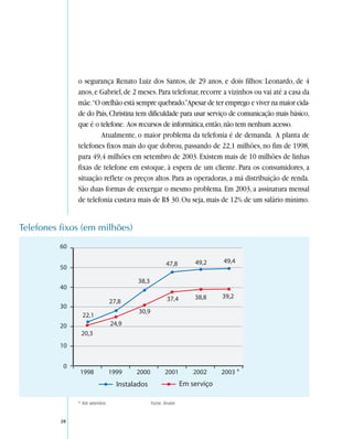 o segurança Renato Luiz dos Santos, de 29 anos, e dois filhos: Leonardo, de 4
               anos, e Gabriel, de 2 meses. Para telefonar, recorre a vizinhos ou vai até a casa da
               mãe.“O orelhão está sempre quebrado.”Apesar de ter emprego e viver na maior cida-
               de do País, Christina tem dificuldade para usar serviço de comunicação mais básico,
               que é o telefone. Aos recursos de informática, então, não tem nenhum acesso.
                       Atualmente, o maior problema da telefonia é de demanda. A planta de
               telefones fixos mais do que dobrou, passando de 22,1 milhões, no fim de 1998,
               para 49,4 milhões em setembro de 2003. Existem mais de 10 milhões de linhas
               fixas de telefone em estoque, à espera de um cliente. Para os consumidores, a
               situação reflete os preços altos. Para as operadoras, a má distribuição de renda.
               São duas formas de enxergar o mesmo problema. Em 2003, a assinatura mensal
               de telefonia custava mais de R$ 30. Ou seja, mais de 12% de um salário mínimo.


Telefones fixos (em milhões)




                                                                        *


               * Até setembro.           Fonte: Anatel.


          28
 