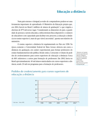 Educação a distância

         Num país extenso e desigual, as redes de computadores podem ser uma
ferramenta importante de aprendizado. O Ministério da Educação projeta que,
em 2004, haverá no Brasil 3 milhões de alunos de graduação9, o que exigiria a
abertura de 875 mil novas vagas.“Considerando as dimensões do país, a quanti-
dade de pessoas a serem educadas, a infra-estrutura física disponível e o número
de educadores com capacidade para facilitar esse processo, a educação a distân-
cia no ensino superior é, mais do que viável, necessária”, aponta um relatório do
ministério.
         O ensino superior a distância foi regulamentado no País em 1998. Na
época, somente a Universidade Federal de Mato Grosso oferecia um curso a
distância de graduação, em caráter experimental, para formar professores do
                                                                                    9
                                                                                      Relatório, da Comissão
ensino fundamental da rede pública. Desde então, é crescente o volume de pedi-      Assessora para Educação
dos de credenciamento para cursos superiores de educação a distância. Cerca         Superior a Distância,
                                                                                    Secretaria de Educação
de 80% referem-se a cursos para formação de professores. Em 2002, havia no          Superior do Ministério
                                                                                    da Educação,
Brasil aproximadamente 40 mil alunos matriculados em cursos superiores a dis-       agosto de 2002.
                                                                                    http://www.mec.gov.br/
tância, sendo 39 mil em programas para a formação de professores.                   sesu/ftp/EAD.pdf




Pedidos de credenciamento para cursos superiores de
educação a distância




 * Até maio. Fonte: MEC.                                                            *




                                                                                    35
 