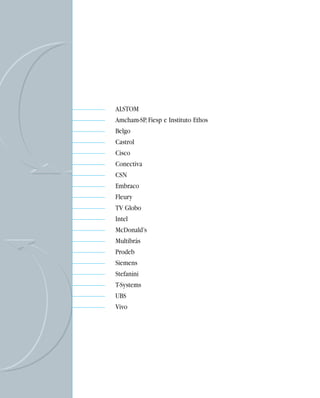 ALSTOM
Amcham-SP, Fiesp e Instituto Ethos
Belgo
Castrol
Cisco
Conectiva
CSN
Embraco
Fleury
TV Globo
Intel
McDonald’s
Multibrás
Prodeb
Siemens
Stefanini
T-Systems
UBS
Vivo
 
