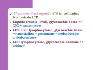 


Liquide trouble (PNN), glycorachie basse



LCR clair lymphocytaire, glycorachie basse



LCR lymphocytaire, glycorachie normale

 