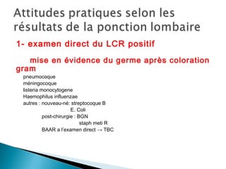 1- examen direct du LCR positif
mise en évidence du germe après coloration
gram
pneumocoque
méningocoque
listeria monocytogene
Haemophilus influenzae
autres : nouveau-né: streptocoque B
E. Coli
post-chirurgie : BGN
staph meti R
BAAR a l’examen direct → TBC
 