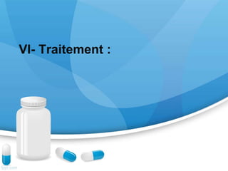V-Paraclinique : (…suite)
• La PCR HSV a remplacé la biopsie cérébrale
comme examen de référence du diagnostic de
ME herpétique. Sa sensibilité et sa spécificité
sont respectivement de 98 % et 94 % chez des
patients ayant une ME herpétique prouvée sur
la biopsie cérébrale. Les faux-négatifs sont
possibles dans les premiers jours d'évolution
de la maladie. Il faut donc poursuivre le
traitement en cas de suspicion de ME
herpétique et renouveler la PCR sur une
seconde ponction lombaire répétée 48 à 72
heures après la première.
VI- Traitement :
 