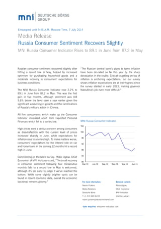 Embargoed until 9:45 A.M. Moscow Time, 7 July 2014
Media Release	
Russia Consumer Sentiment Recovers Slightly
MNI Russia Consumer Indicator Rises to 89.1 in June from 87.2 in May
“The Russian central bank’s plans to tame inflation
have been de-railed so far this year by the sharp
devaluation in the rouble. Critical to getting on top of
inflation is anchoring expectations, but our survey
shows inflation expectations are at their highest since
the survey started in early 2013, making governor
Nabiullina’s job even more difficult.”
Russian consumer sentiment recovered slightly after
hitting a record low in May, helped by increased
optimism for purchasing household goods and a
moderate recovery in consumers’ expectations for
business conditions.
The MNI Russia Consumer Indicator rose 2.2% to
89.1 in June from 87.2 in May. This was the first
gain in five months, although sentiment was still
9.6% below the level seen a year earlier given the
significant weakening in growth and the ramifications
of Russia’s military action in Crimea.
All five components which make up the Consumer
Indicator increased apart from Expected Personal
Finances which fell to a series low.
High prices were a serious concern among consumers
as dissatisfaction with the current level of prices
increased sharply in June, while expectations for
inflation rose to a series high. To make matters worse,
consumers’ expectations for the interest rate on car
and home loans in the coming 12 months hit a record
high in June.
Commenting on the latest survey, Philip Uglow, Chief
Economist of MNI Indicators said, “The small recovery
in consumer sentiment following four consecutive
monthly falls to a record low in May is welcomed,
although it’s too early to judge if we’ve reached the
bottom. While some slightly brighter spots can be
found in recent economic data, overall the economic
backdrop remains gloomy.”
80
84
88
92
96
100
104
Mar-13 Jun-13 Sep-13 Dec-13 Mar-14 Jun-14
MNI Russia Consumer Indicator
Sales enquiries: info@mni-indicators.com
For more information:
Naomi Pickens
Media Relations
Deutsche Börse
T+1-212-669-6459
naomi.pickens@deutsche-boerse.com
Editorial content:
Philip Uglow,
Chief Economist
MNI Indicators	
@philip_uglow1
 