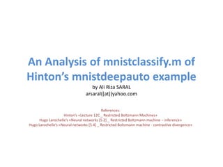 An Analysis of mnistclassify.m of
Hinton’s mnistdeepauto example
by Ali Riza SARAL
arsaral((at))yahoo.com
References:
Hinton’s «Lecture 12C _ Restricted Boltzmann Machines»
Hugo Larochelle’s «Neural networks [5.2] _ Restricted Boltzmann machine – inference»
Hugo Larochelle’s «Neural networks [5.4] _ Restricted Boltzmann machine - contrastive divergence»
 