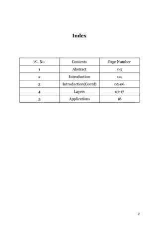 Index
Sl. No Contents Page Number
1 Abstract 03
2 Introduction 04
3 Introduction(Contd) 05-06
4 Layers 07-17
5 Applications 18
2
 