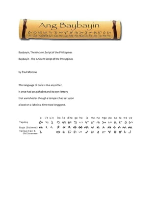 Baybayin,The AncientScriptof the Philippines
Baybayin- The AncientScriptof the Philippines
by Paul Morrow
Thislanguage of ours islike anyother,
it once had an alphabetanditsownletters
that vanishedasthougha tempesthadsetupon
a boat on a lake ina time nowlonggone.
 