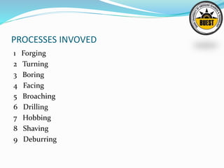 PROCESSES INVOVED
1 Forging
2 Turning
3 Boring
4 Facing
5 Broaching
6 Drilling
7 Hobbing
8 Shaving
9 Deburring
 