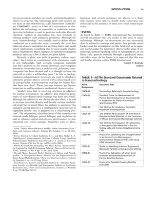 INTRODUCTION ix
for new products and there are multi- and interdisciplinary
efforts in progress. The technology deals with science on
the nano, or one billionth-size, scale. Nanometer “particles”
are 0.000000001 meter or 0.001 of a micrometer in size.
Within the technology, an assembler or molecular manu-
facturing technique is used to position molecules through
chemical reaction or interaction into new products or
existing products with enhanced properties. Although the
term “nanotechnology” was initially used to define efforts
conducted on a molecular scale, currently the term has
taken on a loose connotation for anything that is very small
where small means something that is most usually smaller
than a micrometer. Many examples of nanometer-designed
products exist and a few of these are given below.
Recently a plant was built of produce carbon nano-
tubes3
. Such tubes in combination with aluminum result
in new lightweight, high strength composite materials
that have promise in the energy, electrical, and computer
industries. In another area, a multilayered, polymeric nano-
composite has been devised and it is thought to have the
potential to make a self-healing paint.4
In this technology,
emulsion polymerization processes are used to develop a
polymeric product that is covered with a silica-based layer
of nanoparticles. Nanocomposite coatings for fabrics have
also been described5
. These coatings improve gas barrier
properties as well as enhance mechanical characteristics.
Another area that is receiving attention is additives
for coating formulation. An additive that improves prop-
erties of water-based metal coatings has been described6
.
Although the additive is not chemically described, it is said
to increase crosslink density and thereby various mechani-
cal properties of cured films. An additive to accelerate the
radiation-curing process is a small particle-sized version of
nepheline syenite that is prepared by a micronizing pro-
cess7
. The micronized, ultra-fine form of this combination
mineral—soda feldspar, potash feldspar, and nepheline--is
said to enhance optical and physical performance in clear
industrial and wood coatings. Properties such as gloss,
3
Anon, “Bayer MaterialScience Builds Carbon Nanotubes Plant,”
Paint and Coatings Industry, Volume 25, Number 11, p. 12 (Nov.
2009).
4
Colver, Patrick J., Colard, Catheline A. L., and Bon, Stefan A. F.,
“Multilayered Nanocomposite Polymer Colloids Using Emulsion
Polymerization Stabilized Solid Particles,” J. American Chemical
Society, Volume 150, No. 50, pp. 16850–16851 (2008).
5
Eberts, Kenneth, Ou, Runquing, and Shah, Kunal, “Nanocompos-
ite Coatings for High-Performance Fabrics,” Paint and Coatings In-
dustry, Volume 26, No. 4, pp. 32–36 (April 2010).
6
Herold, Marc, Burgard, Detlef, Steingrover, Klaus, and Pilotek,
Steffen, “A Nanoparticle-based Additive for the Improvement of
Water-Based Metal Coatings,“ Paint and Coatings Industry, Volume
16, Number 8, pp. 24–27 (Aug. 2010).
7
Van Remortel, Scott P. and Ratcliff, Robert E., “Ultrafine Neph-
eline Syenite as a Durable and Transparent Additive to Accelerate
Radiation Cure,” Paint and Coating Industry, Volume 27, Number
3, pp. 27–34 (Mar. 2011).
hardness, and scratch resistance are altered in a desir-
able manner. Cure rate via double bond conversion was
enhanced in the presence of these very small mineral par-
ticles.
TESTING
As listed in Table 1, ASTM International has developed
several documents that are useful in the area of nano-
technology. Although the documents are not necessarily
directly related to coatings and paints, they provide useful
background for investigators in this field and, as is appar-
ent, useful guides for laboratory efforts in the areas of ter-
minology, particle handling, effect of nanoparticles on red
blood cells, particle mobility through a graduated index,
and other areas. In the future, it is expected that this area
will further develop within ASTM International.
Joseph V. Koleske
Editor
TABLE 1—ASTM Standard Documents Related
to Nanotechnology
ASTM
Designation
Document Title
E2456-06 Terminology Relating to Nanotechnology
E2490-09 Standard Guide for Measurement of
Particle Size Distribution of Nanomaterials
in Suspension by Photon Correlation
Spectroscopy (PCS)
E2524-08 Test Method for Analysis of Hemolytic
Properties of Nanoparticles
E2525-08 Test Method for Evaluation of the Effect of
Nanoparticulate Materials on the Formation
of Mouse Granulocyte-Macrophage Colonies
E2526-08 Test Method for Evaluation of Cytotoxicity
of Nanoparticulate Materials in Porcine
Kidney Cells and Human Hepatocarcinoma
Cells
E2530-06 Practice for Calibrating the Z-Magnification
of an Atomic Force Microscope at
Subnanometer Displacement Levels Using
Si(III) Monatomic Steps
E2535-07 Guide for Handling Unbound Engineered
Nanoscale Particles in Occupational Settings
E2578-07 Practice for Calculation of Mean Sizes/
Diameter and Standard Deviations of
Particle Size Distributions
E2676-09 Practice for Tangible Property Mobility
Index (MI)
 
