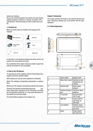 GPS tracker TV 7”
25
relieve your tiredness.
You can use it almost anywhere and anytime, like when driving,
walking, bicycling or waiting for a meeting. The perfect “GPS +
entertainment” functions provide you with a colorful work and
life.
1.1 Packing List
Make sure all the items are included in the package of the
navigator:
Power Adapter
Vehicle
Touch pen
Suport
USB cableMain equipament
Manual with
In case there is any divergence between the above and the real
products, the real products will prevail.
For any defective items, please contact your dealer or agent who
sold you the product as soon as possible.
1.2 How to Use This Manual
To make best use of the navigator, read the Product Manual tho-
roughly to know the operation details.
While reading, you may see some supplement as following:
[Note]: This indicates corresponding interpretation or explana-
tions.
[Reference]: This indicates corresponding extended information.
[Caution]:Thisindicatescorrespondingnoticesand war-
nings. Please place importance on the information and follow
the corresponding instructions, or it may cause destructive im-
pact against you and other people.
The Product Manual applies to the navigator only.
Chapter 2 Introduction
This chapter provides information on the external elements and
basic instructions, allowing you to get familiar with the basic
operations.
2.1 Product Appearance
1 Power switch System on/off
2 Menu Touch screen Operation by click
display/Show the
contents
3 Indicator light Power supply
indicator
4 interface Earphone
jack
Connect to stereo
earphone
5 TF card slot Can be inserted
1PC TF card
6 MINI USB Connect with PC
and charge via
USB Cable
7 Loud-speaker Playback naviga-
tion prompt sound
and music
8 Reset Restart system
after light press
 