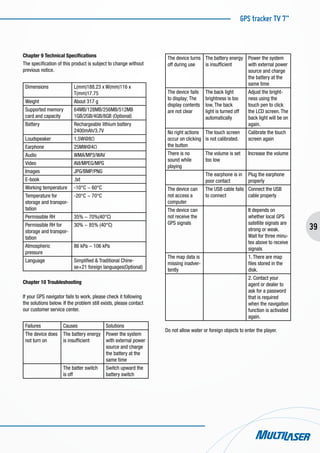 GPS tracker TV 7”
39
Chapter 9 Technical Specifications
The specification of this product is subject to change without
previous notice.
Dimensions L(mm)188.23 x W(mm)116 x
T(mm)17.75
Weight About 317 g
Supported memory
card and capacity
64MB/128MB/256MB/512MB
1GB/2GB/4GB/8GB (Optional)
Battery Rechargeable lithium battery
2400mAh/3.7V
Loudspeaker 1.5W@8Ω
Earphone 25MW@4Ω
Audio WMA/MP3/WAV
Video AVI/MPEG/MPG
Images JPG/BMP/PNG
E-book .txt
Working temperature -10°C ~ 60°C
Temperature for
storage and transpor-
tation
-20°C ~ 70°C
Permissible RH 35% ~ 70%(40°C)
Permissible RH for
storage and transpor-
tation
30% ~ 85% (40°C)
Atmospheric
pressure
86 kPa ~ 106 kPa
Language Simplified & Traditional Chine-
se+21 foreign languages(Optional)
Chapter 10 Troubleshooting
If your GPS navigator fails to work, please check it following
the solutions below. If the problem still exists, please contact
our customer service center.
Failures Causes Solutions
The device does
not turn on
The battery energy
is insufficient
Power the system
with external power
source and charge
the battery at the
same time
The batter switch
is off
Switch upward the
battery switch
The device turns
off during use
The battery energy
is insufficient
Power the system
with external power
source and charge
the battery at the
same time
The device fails
to display; The
display contents
are not clear
The back light
brightness is too
low, The back
light is turned off
automatically
Adjust the bright-
ness using the
touch pen to click
the LCD screen. The
back light will be on
again.
No right actions
occur on clicking
the button
The touch screen
is not calibrated.
Calibrate the touch
screen again
There is no
sound while
playing
The volume is set
too low
Increase the volume
The earphone is in
poor contact
Plug the earphone
properly
The device can
not access a
computer
The USB cable fails
to connect
Connect the USB
cable properly
The device can
not receive the
GPS signals
It depends on
whether local GPS
satellite signals are
strong or weak.
Wait for three minu-
tes above to receive
signals
The map data is
missing inadver-
tently
1. There are map
files stored in the
disk.
2. Contact your
agent or dealer to
ask for a password
that is required
when the navigation
function is activated
again.
Do not allow water or foreign objects to enter the player.
 