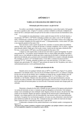 249
APÊNDICE V
TABELAS E DIAGRAMAS DE ORIENTAÇÃO
Orientação pelo Sol ao nascer e ao pôr do Sol
Se souber a sua latitude e longitude, poderá determinar o norte observando o Sol quando
ele nasce e quando se põe. A figura V-i mostra o azimute verdadeiro (a direcção verdadeira) do
nascer do Sol e a direcção relativa do pôr do Sol em todos os meses do ano nos hemisférios norte
e sul.
Um exemplo de como determinar o norte a partir do nascer do Sol: em 26 de Janeiro, a
sua posição é 50O
00’N e 165O
06’W. Entrando na tabela com a data e com os 50O
de latitude
norte, verificará que o azimute do Sol é de 120O
. Desde que o Sol esteja a nascer, fica a saber que
este é o azimute verdadeiro do Sol a partir do norte 1
. Consequentemente, o norte estará 120O
para
a sua esquerda quando de face para o Sol.
Para encontrar o norte a partir do pôr do Sol, considere os mesmos dados do problema
anterior. Neste caso, porém, o azimute do Sol não é o azimute verdadeiro. Em vez disso, é apenas
uma direcção relativa. Dado que o Sol se põe a oeste, o norte tem de estar para a direita do Sol.
Por isso, o norte estará a 120O
para a sua direita quando de face para o Sol.
A figura V-i não regista todos os dias do ano nem todos os graus de longitude. Se quiser
uma precisão de 1O
de azimute, terá de interpolar entre os valores dados pela tabela. Na prática,
porém, usa-se o dia indicado na tabela que mais se aproxima do dia dado e a latitude que mais se
aproxima da indicada, pois o azimute assim encontrado habilitá-lo-á a manter a direcção desejada.
Por exemplo: se estiver a 32O
de latitude norte a 13 de Abril, o azimute do nascer do Sol é
realmente 79O
22’. Contudo, entrando na tabela com o dia mais próximo, 11 de Abril, e com a
latitude mais aproximada, 30°, obterá 81O
para azimute do nascer do Sol. Na prática, este valor é
suficientemente preciso e serve perfeitamente bem.
A latitude pela duração do dia
Quando estiver em qualquer latitude entre os 60O
N e os 60O
S (ver a figura V-ii), poderá
determinar a sua latitude exacta, com um erro de 30 milhas náuticas (0,5O
), se conhecer a duração
do dia com um erro de um minuto. Isto é verdadeiro ao longo do ano, excepto durante cerca de
dez dias antes e depois dos equinócios - aproximadamente de 11 a 31 de Marco e de 13 de
Setembro a 2 de Outubro. Durante estes dois períodos, o dia tem aproximadamente a mesma
duração em todas as latitudes. Para assinalar rigorosamente a hora do nascer e do pôr do Sol, tem
de ter uma linha do horizonte plana e ao nível do solo. 0 horizonte terrestre nem sempre pode ser
utilizado.
Observações pela latitude
Determine a duração do dia entre o instante em que a ponta do Sol aparece pela primeira
vez acima do horizonte no mar e o instante em que ele desaparece no horizonte. Este instante é
muitas vezes assinalado por uma cintilação verde. Registe as horas do nascer e do pôr do Sol. Não
confie na sua memória. Repare que apenas a duração do dia interessa para a determinação da
latitude; o seu relógio pode ter um erro desconhecido, mas mesmo assim serve para determinar
este factor. Se apenas tiver um horizonte aquático, tal como na costa, determina o meio-dia local
pelo método da sombra da vara (cap. III). A duração do dia será o dobro do intervalo de tempo
entre o nascer do Sol e o meio-dia ou entre este e o pôr do Sol.
Conhecendo a duração do dia, poderá determinar a sua latitude usando o monograma da
figura V-ii.
1
Recorda-se que o azimute verdadeiro é referido ao norte geográfico e que qualquer azimute se conta a partir
do Norte (geográfico, magnético ou cartográfico) e para a direita.
 