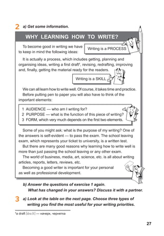 27
2 a) Get some information.
It is actually a process, which includes getting, planning and
organising ideas, writing a first draft1
, revising, redrafting, improving
and, finally, getting the material ready for the readers.
We can all learn how to write well. Of course, it takes time and practice.
Before putting pen to paper you will also have to think of the
important elements:
Some of you might ask: what is the purpose of my writing? One of
the answers is self-evident — to pass the exam. The school leaving
exam, which represents your ticket to university, is a written test.
But there are many good reasons why learning how to write well is
more than just passing the school leaving or any other exam.
The world of business, media, art, science, etc. is all about writing
articles, reports, letters, reviews, etc.
Becoming a good writer is important for your personal
as well as professional development.
Writing is a SKILL
1 AUDIENCE — who am I writing for?
2 PURPOSE — what is the function of this piece of writing?
3 FORM, which very much depends on the first two elements.
b) Answer the questions of exercise 1 again.
What has changed in your answers? Discuss it with a partner.
1
a draft [dr4:ft] — начерк, чернетка
Writing is a PROCESS
To become good in writing we have
to keep in mind the following ideas:
WHY LeArninG HoW to Write?
3 a) Look at the table on the next page. Choose three types of
writing	you	fi	nd	the	most	useful	for	your	writing	priorities.
 