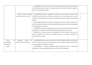 (15) (EF08GE14) Analisar os processos de desconcentração, descentralização e recentralização
das atividades econômicas a partir do capital estadunidense e chinês em diferentes regiões no
mundo, com destaque para o Brasil.
Trabalho, recursos e formação
socioespacial na América Latina
(16) (EF08GE15) Analisar a importância dos principais recursos hídricos da América Latina
(Aquífero Guarani, Bacias do rio da Prata, do Amazonas e do Orinoco, sistemas de nuvens na
Amazônia e nos Andes, entre outros) e discutir os desafios relacionados à gestão e comercialização
da água.
(17) (EF08GE16) Identificar as principais problemáticas comuns às grandes cidades latino-
americanas, particularmente aquelas relacionadas à distribuição, estrutura e dinâmica da população
e às condições de vida e trabalho.
(18) (EF08GE17) Analisar a segregação sócio espacial em ambientes urbanos da América Latina,
mapeando em sua cidade áreas de vulnerabilidades (favelas, alagados e zona de riscos).
(19) Elaborar um projeto coletivo para arrecadação de donativos (alimentos não perecíveis,
roupas, brinquedos) para atender a comunidades carentes e em situação vulneráveis nas
proximidades da sua escola.
3
5
4
Formas de
representação e
pensamento
espacial
Cartografia temática da
América, da África e Antártida
(20) (EF08GE18) Elaborar mapas ou outras formas de representação cartográfica para analisar as
redes e as dinâmicas urbanas e rurais, ordenamento territorial, contextos culturais, modo de vida e
usos e ocupação de solos da África e América.
(21) (EF08GE19) Interpretar cartogramas, mapas esquemáticos (croquis) e anamorfoses
geográficas com informações geográficas acerca da África, América e Antártida.
 