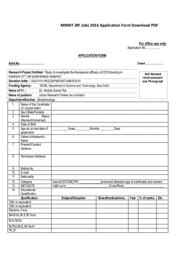 MNNIT JRF Jobs 2016 Application Form Download PDF