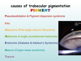 causes of trabecular pigmentation
PIGMENT
Pseudoexfoliation & Pigment dispersion syndrome
Iritis
Glaucoma (Post angle clos...