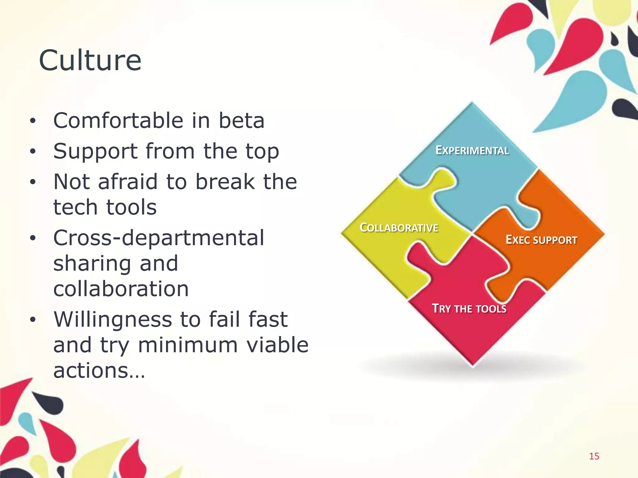 Culture

• Comfortable in beta
• Support from the top                   EXPERIMENTAL

• Not afraid to break the
  tech tools
                             COLLABORATIVE
• Cross-departmental                                EXEC SUPPORT
  sharing and
  collaboration
                                        TRY THE TOOLS
• Willingness to fail fast
  and try minimum viable
  actions…


                                                                   15
 