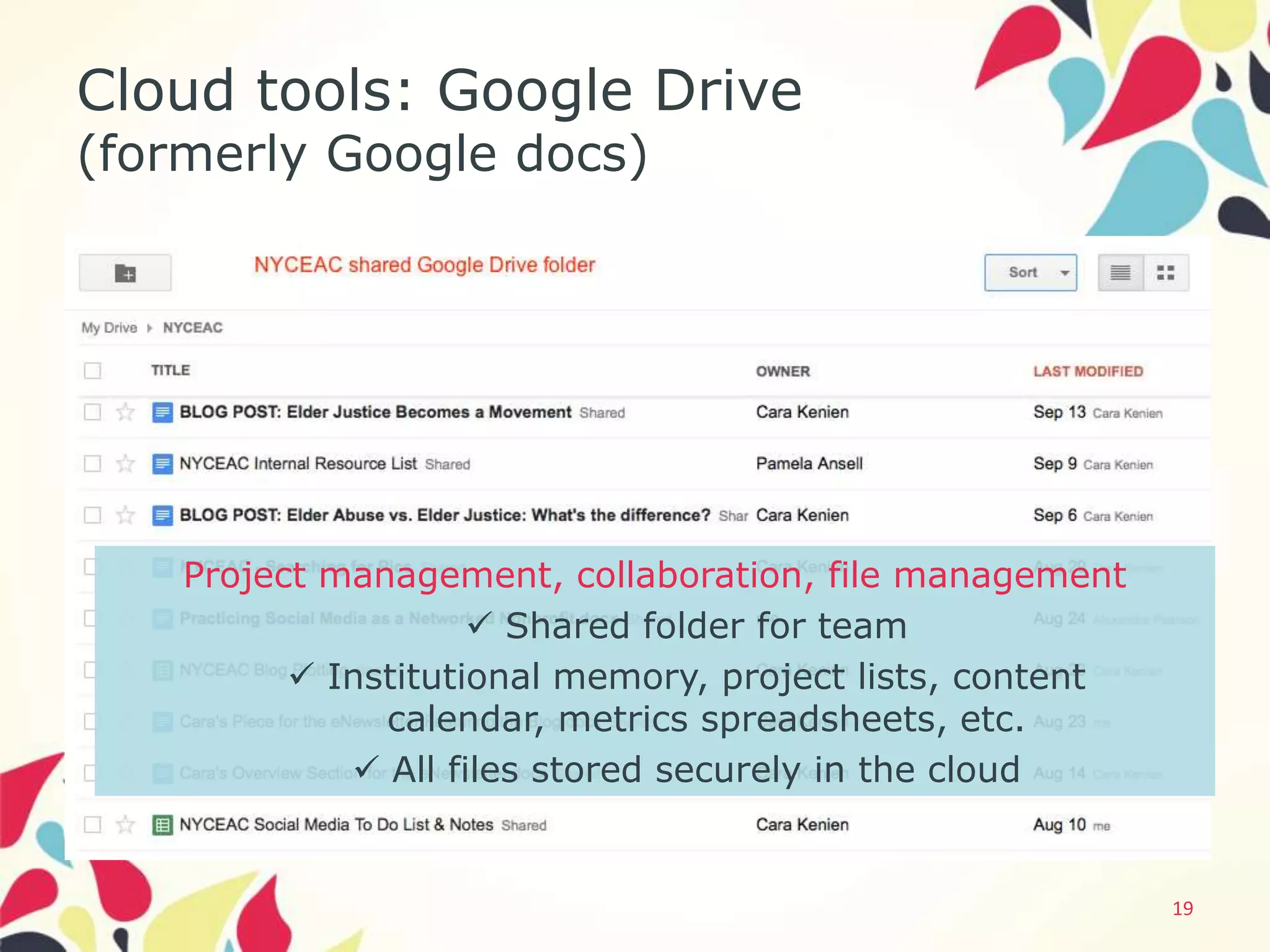 Cloud tools: Google Drive
(formerly Google docs)




            Project management, collaboration
             Shared folder for social media team
    Project management, collaboration, file management
          Institutional memory, project lists, content
                      Shared folder for team
              calendar, metrics spreadsheets, etc.
           Institutional memory, project lists, content
                calendar, metrics spreadsheets, etc.
              All files stored securely in the cloud


                                                           19
 