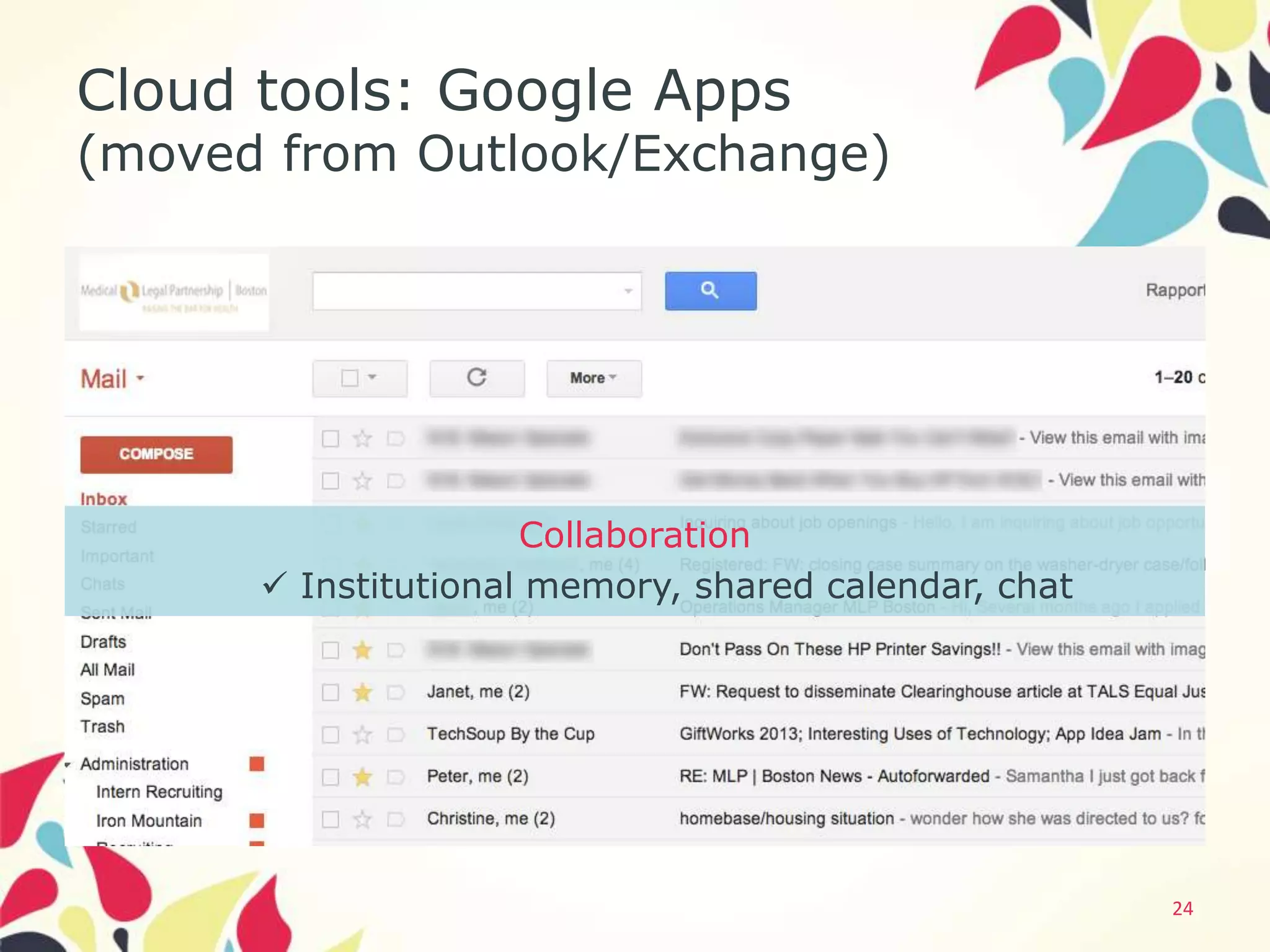 Cloud tools: Google Apps
(moved from Outlook/Exchange)




                     Collaboration
       Institutional memory, shared calendar, chat




                                                      24
 