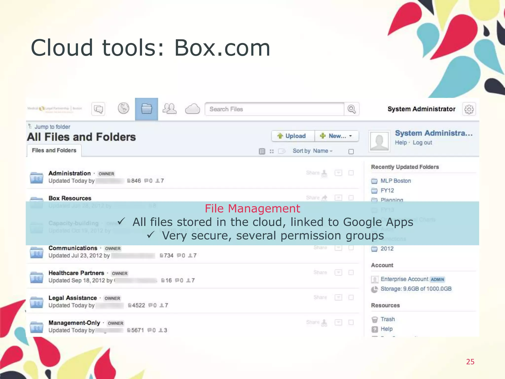 Cloud tools: Box.com




                        File Management
        All files stored in the cloud, linked to Google Apps
             Very secure, several permission groups




                                                                25
 