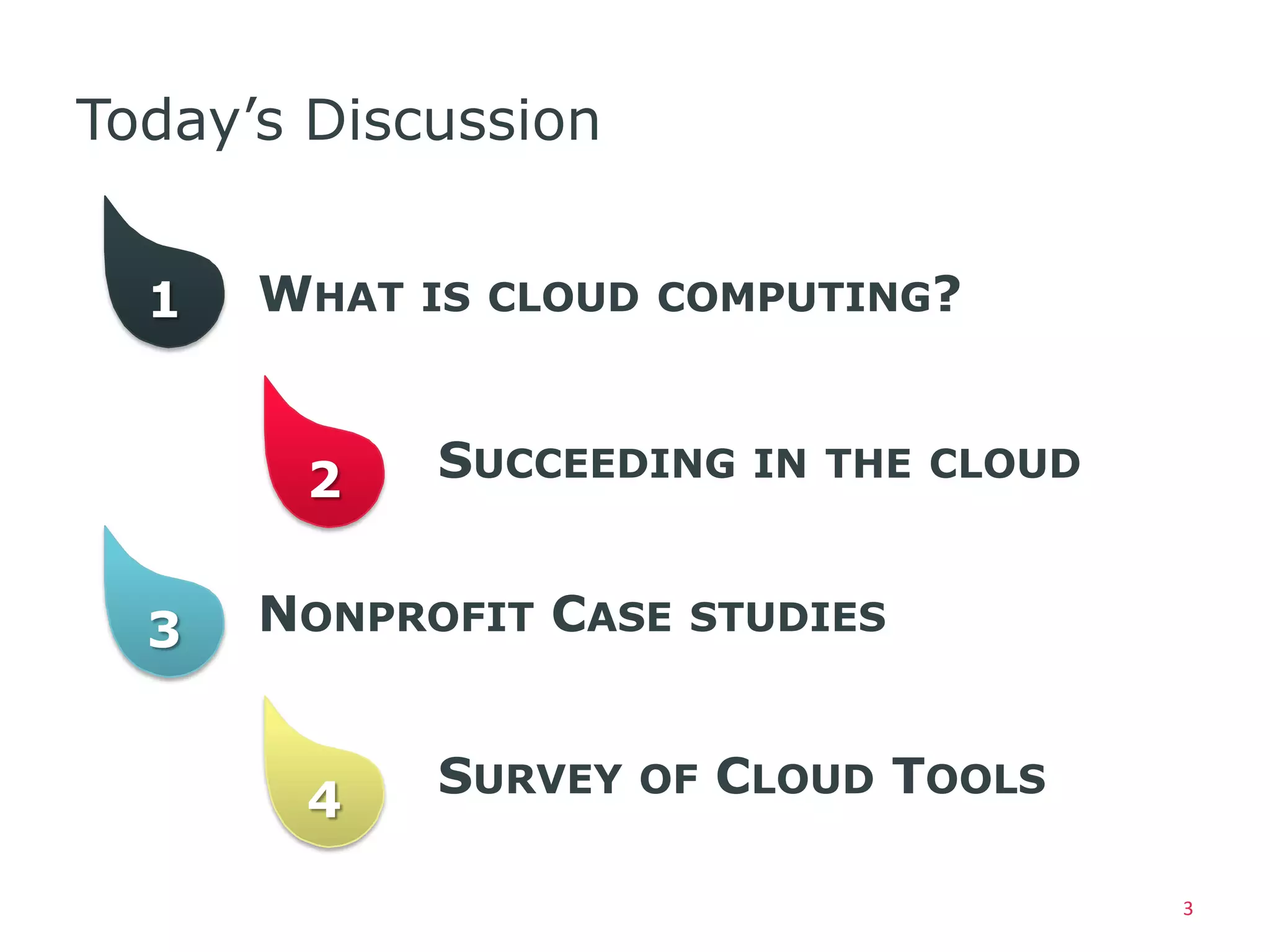 Today’s Discussion


  1   WHAT IS CLOUD COMPUTING?


       2    SUCCEEDING IN THE CLOUD


  3   NONPROFIT CASE STUDIES


       4    SURVEY OF CLOUD TOOLS

                                      3
 