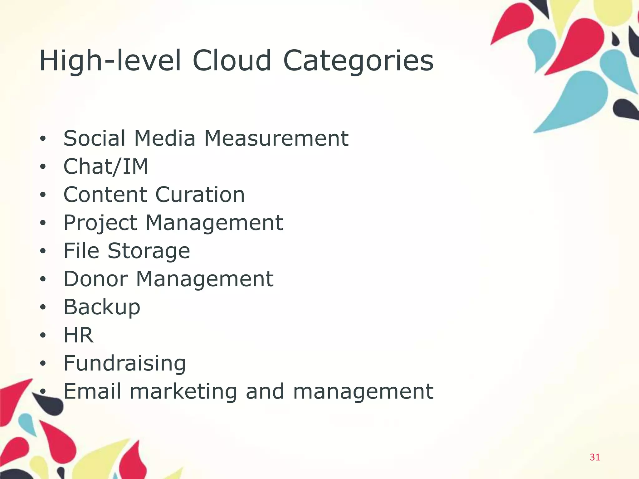 High-level Cloud Categories

•   Social Media Measurement
•   Chat/IM
•   Content Curation
•   Project Management
•   File Storage
•   Donor Management
•   Backup
•   HR
•   Fundraising
•   Email marketing and management

                                     31
 