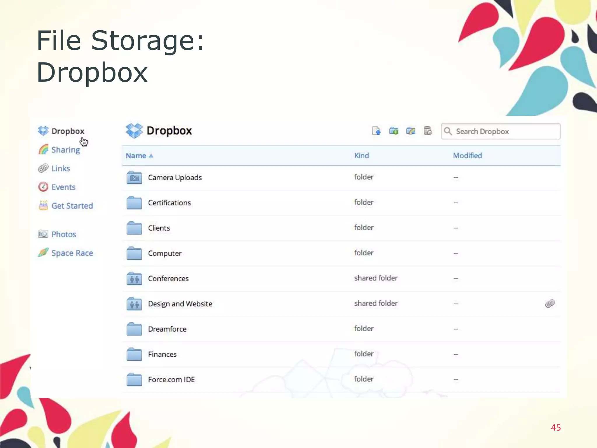 File Storage:
Dropbox




                45
 