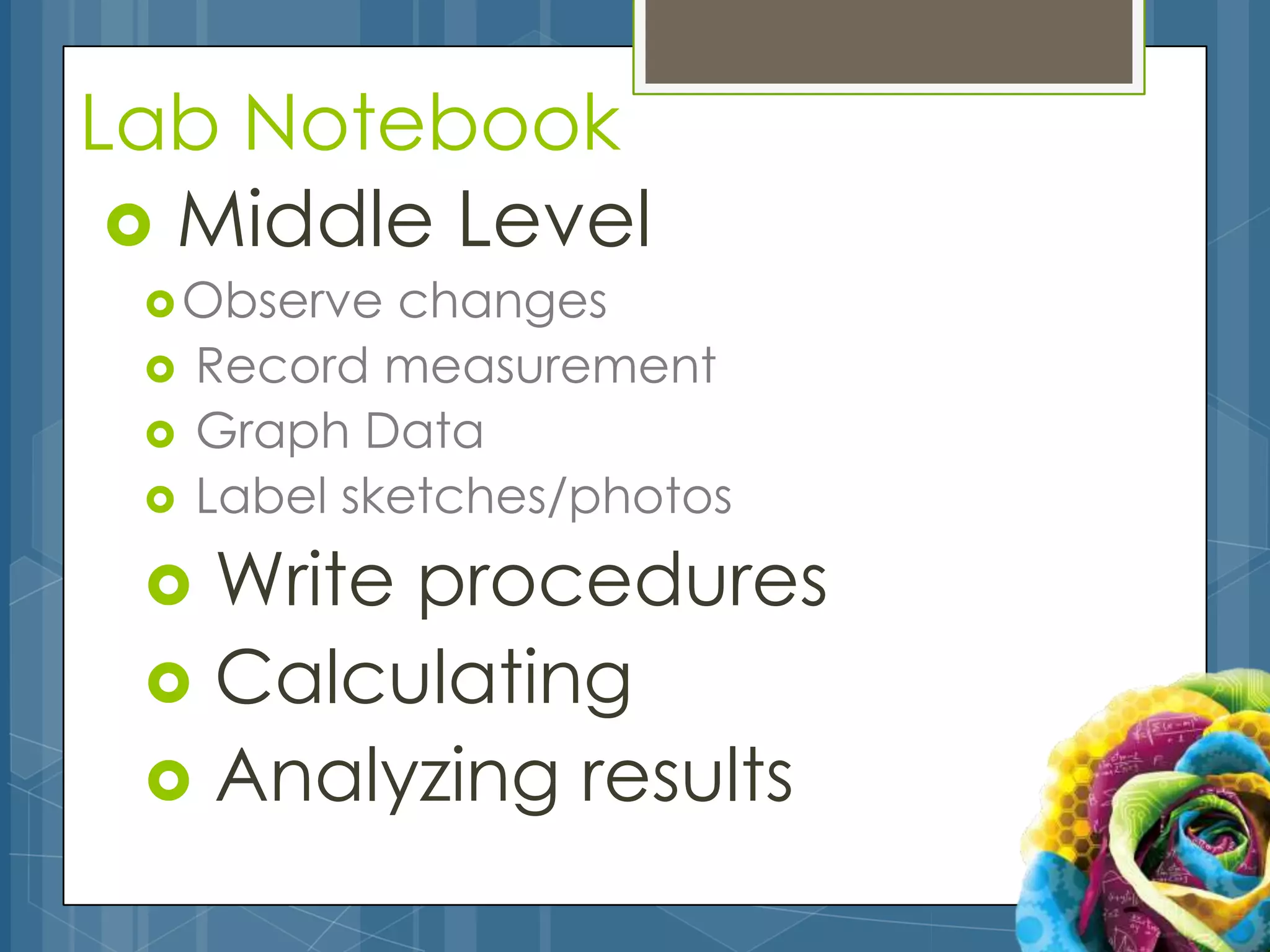 Lab Notebook
  Middle Level
  Observe   changes
    Record measurement
    Graph Data
    Label sketches/photos
  Write procedures
  Calculating
  Analyzing results
 