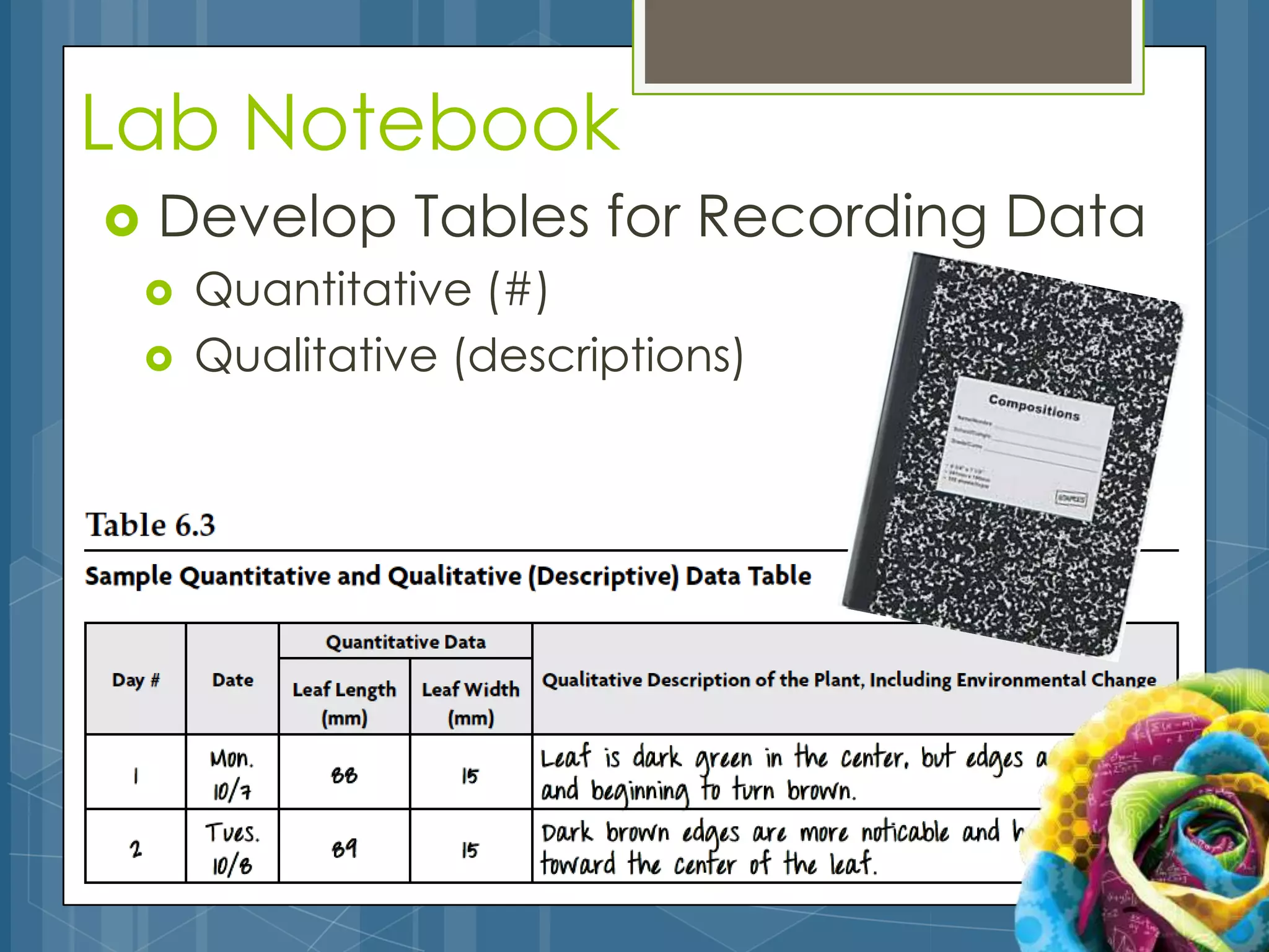 Lab Notebook
   Develop Tables for Recording Data
       Quantitative (#)
       Qualitative (descriptions)
 