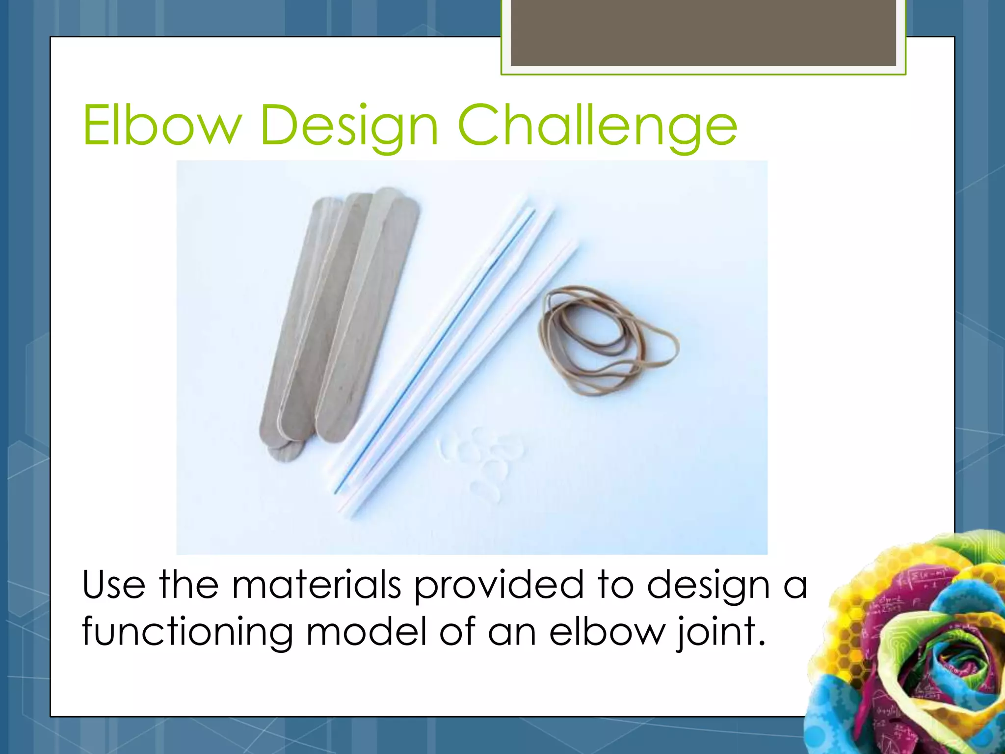 Elbow Design Challenge




Use the materials provided to design a
functioning model of an elbow joint.
 