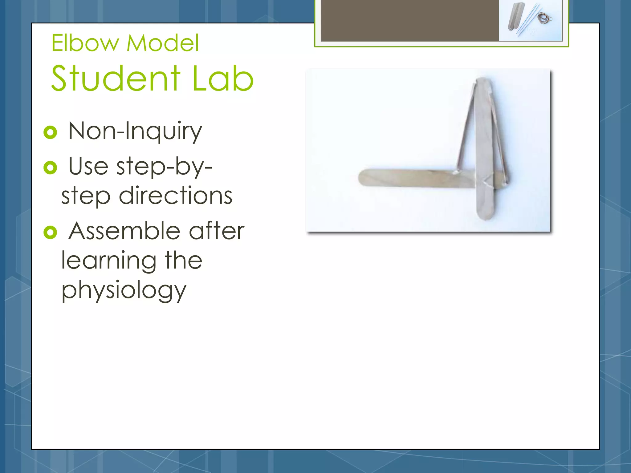 Elbow Model
Student Lab
 Non-Inquiry
 Use step-by-
 step directions
 Assemble after
 learning the
 physiology
 