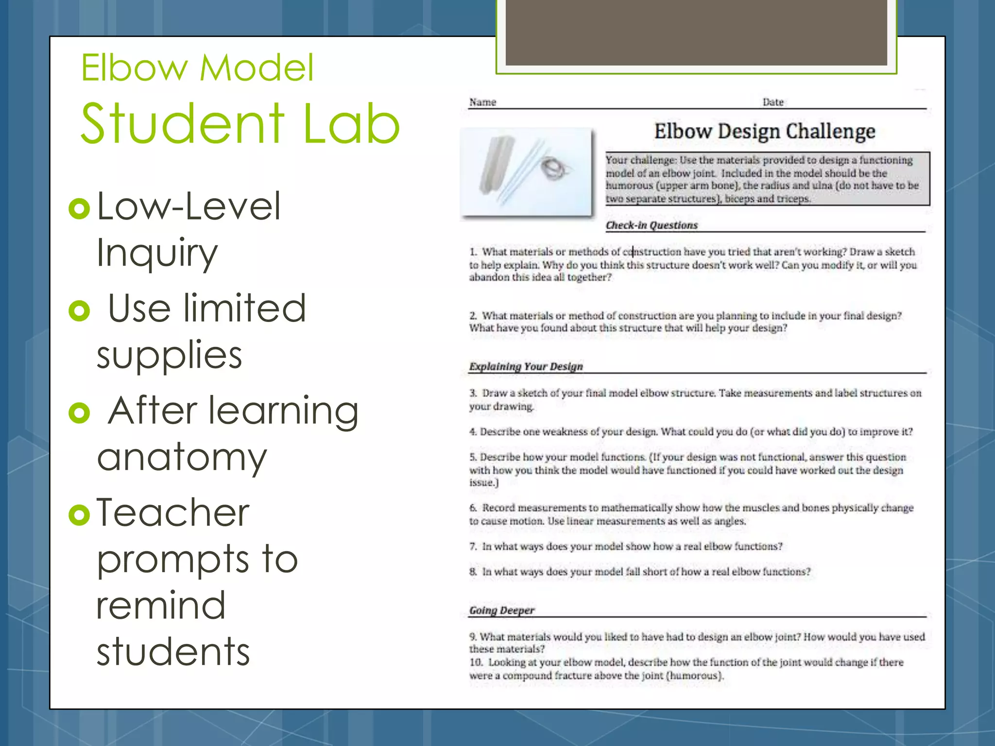 Elbow Model
Student Lab
 Low-Level
  Inquiry
 Use limited
  supplies
 After learning
  anatomy
 Teacher
  prompts to
  remind
  students
 