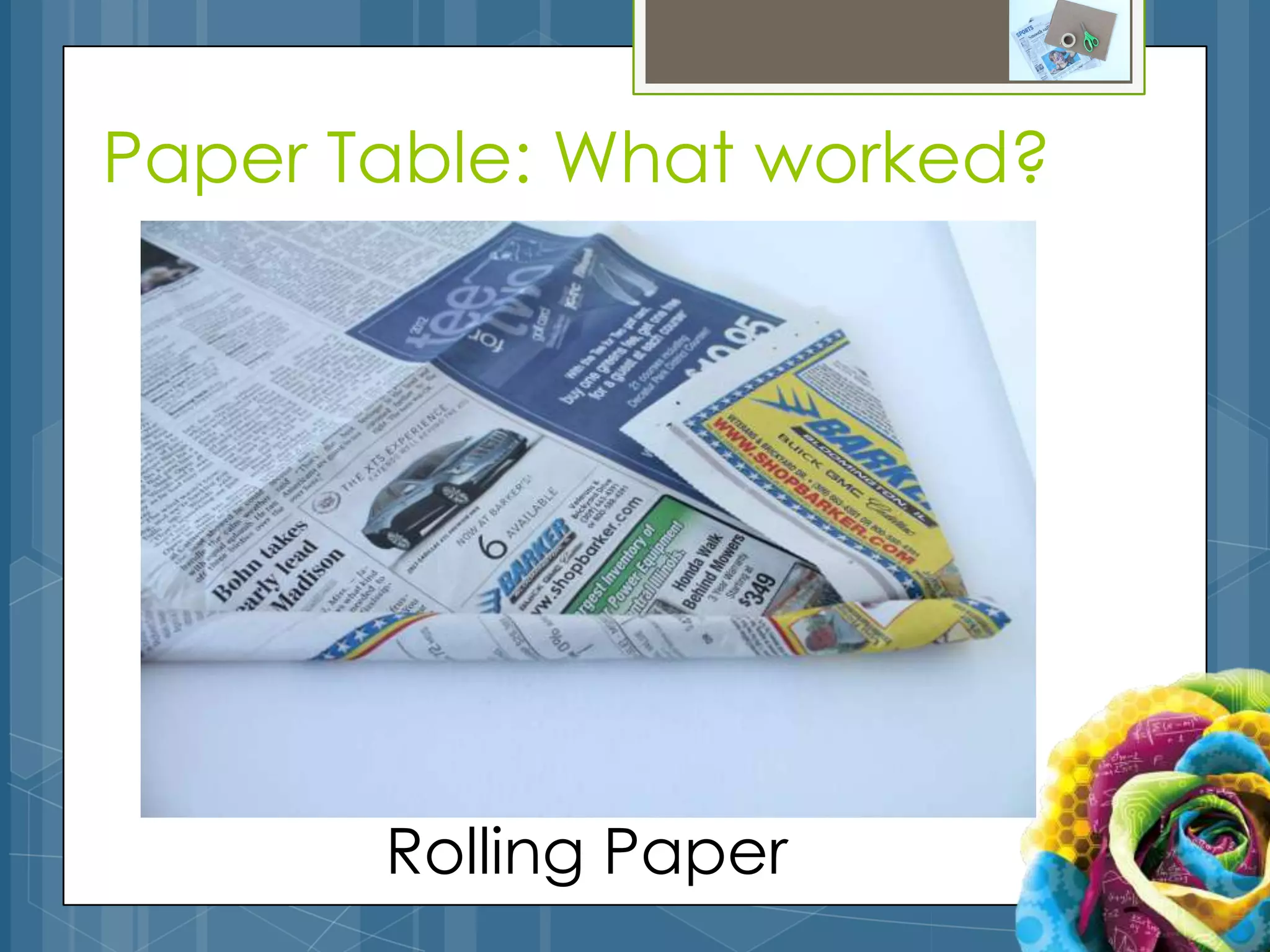 Paper Table: What worked?




       Rolling Paper
 