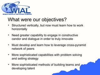 • Structured vertically, but now must learn how to work
horizontally
• Need greater capability to engage in constructive
candor and dialogue in order to truly innovate
• Must develop and learn how to leverage cross-pyramid
network of peers
• More sophisticated capabilities with problem solving
and setting strategy
• More sophisticated methods of building teams and
developing talent
What were our objectives?
 