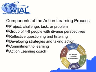 Components of the Action Learning Process
Project, challenge, task, or problem
Group of 4-8 people with diverse perspectives
Reflective questioning and listening
Developing strategies and taking action
Commitment to learning
Action Learning coach
 