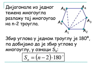 Дијагонале из једног А5 
А4 
темена многоугла 
разлажу тај многоугао 
на n-2 троугла. 
А6 
А3 
А1 А2 
Збир углова у једном троуглу је 180º, 
па добијамо да је збир углова у 
многоуглу, у ознаци Sn: 
   S  n  2 180 n 
 