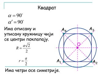 Квадрат 
А3 
А1 А2 
 90   
 90    
O 
Има описану и 
уписану кружницу чији 
се центри поклапају. 
а 2 
2 
R  
а 
2 
r  
А4 
Има четри осе симетрије. 
 