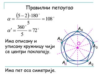 Правилни петоугао 
А3 
А1 А2 
 5 2  180 
 
 
 
72 
360 
    
5 
 
108 
5 
 
  
  
O 
Има описану и 
уписану кружницу чији 
се центри поклапају. 
А4 
А5 
Има пет оса симетрије. 
 