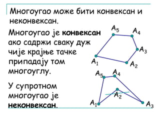 Многоугао може бити конвексан и 
неконвексан. 
А1 
А4 
А3 
А2 
Многоугао је конвексан 
ако садржи сваку дуж 
чије крајње тачке 
припадају том 
многоуглу. 
У супротном 
многоугао је 
неконвексан. А1 
А5 
А2 
А3 
А5 А4 
 