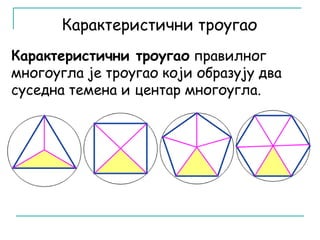 Карактеристични троугао 
Карактеристични троугао правилног 
многоугла је троугао који образују два 
суседна темена и центар многоугла. 
 