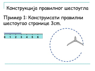 Конструкција правилног шестоугла 
Пример 1: Конструисати правилни 
шестоугао странице 3cm. 
0 1 2 3 4 5 6 
 
