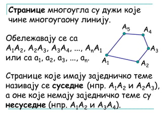 Странице многоугла су дужи које 
чине многоугаону линију. 
Обележавају се са 
А1А2, А2А3, А3А4, ..., AnА1 
или са a1, a2, a3, ..., an. А1 
А4 
А2 
А5 
А3 
Странице које имају заједничко теме 
називају се суседне (нпр. A1A2 и A2A3), 
а оне које немају заједничко теме су 
несуседне (нпр. А1А2 и А3А4). 
 