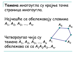 Темена многоугла су крајње тачке 
страница многоугла. 
Најчешће се обележавају словима 
А1, А2, А3, ..., Аn. 
Четвороугао чија су 
темена А1, A2, A3, ..., An 
А1 
обележава се са A1A2A3...An. 
А4 
А2 
А5 
 