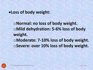 Loss of body weight: 
oNormal: no loss of body weight. 
oMild dehydration: 5-6% loss of body weight. 
oModerate: 7-10% loss of body weight. 
oSevere: over 10% loss of body weight. 
9/15/2014 
21 
www.drjayeshpatidar.blogspot.com  