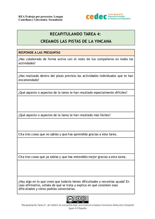 REA Trabajo por proyectos. Lengua
Castellana y Literatura. Secundaria
RECAPITULANDO TAREA 4:
CREAMOS LAS PISTAS DE LA YINC...