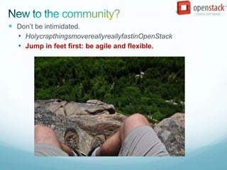  Don’t be intimidated.
  • HolycrapthingsmovereallyreallyfastinOpenStack
  • Jump in feet first: be agile and flexible.
 